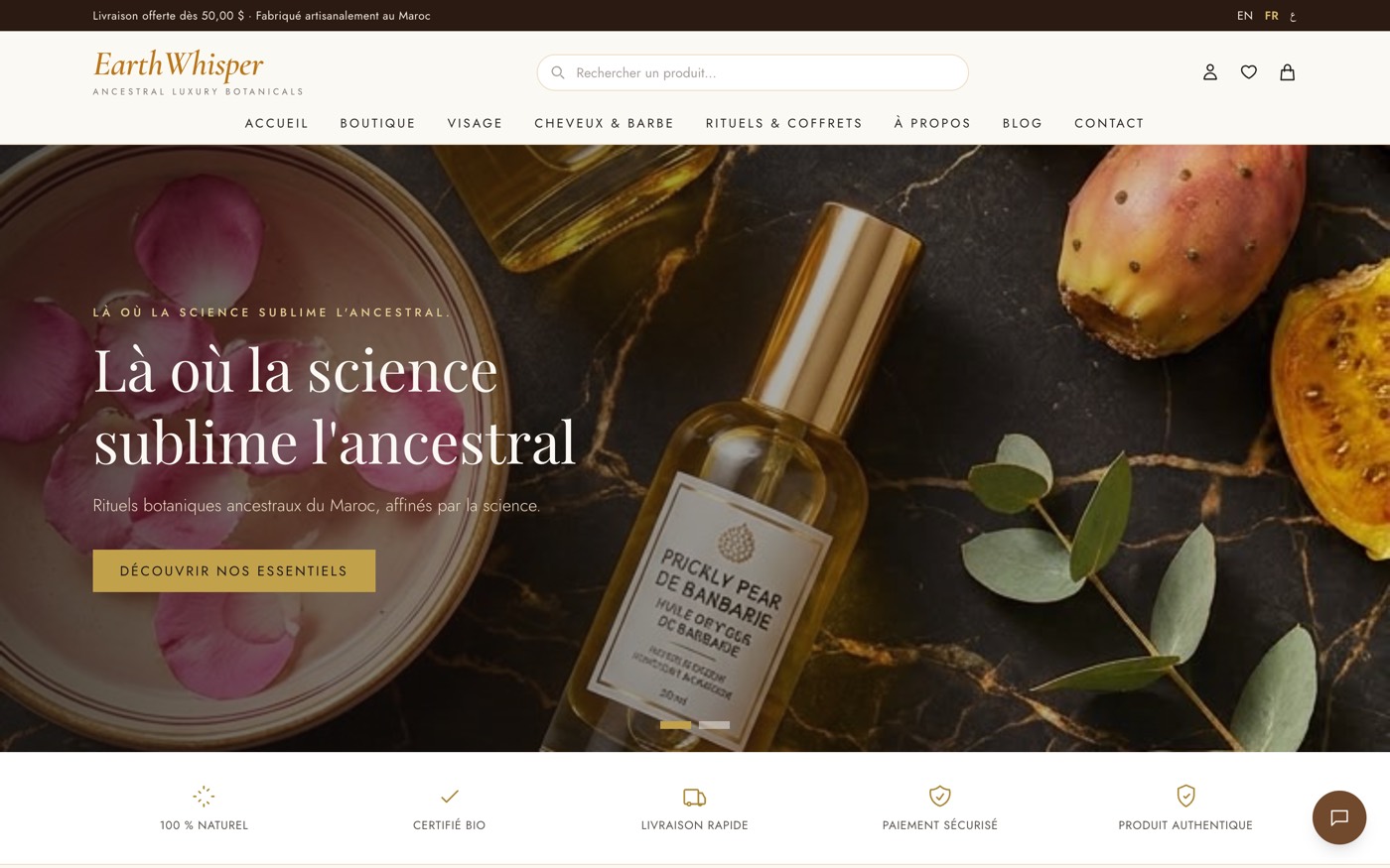 Page d'accueil d'une boutique e-commerce de cosmétiques naturels